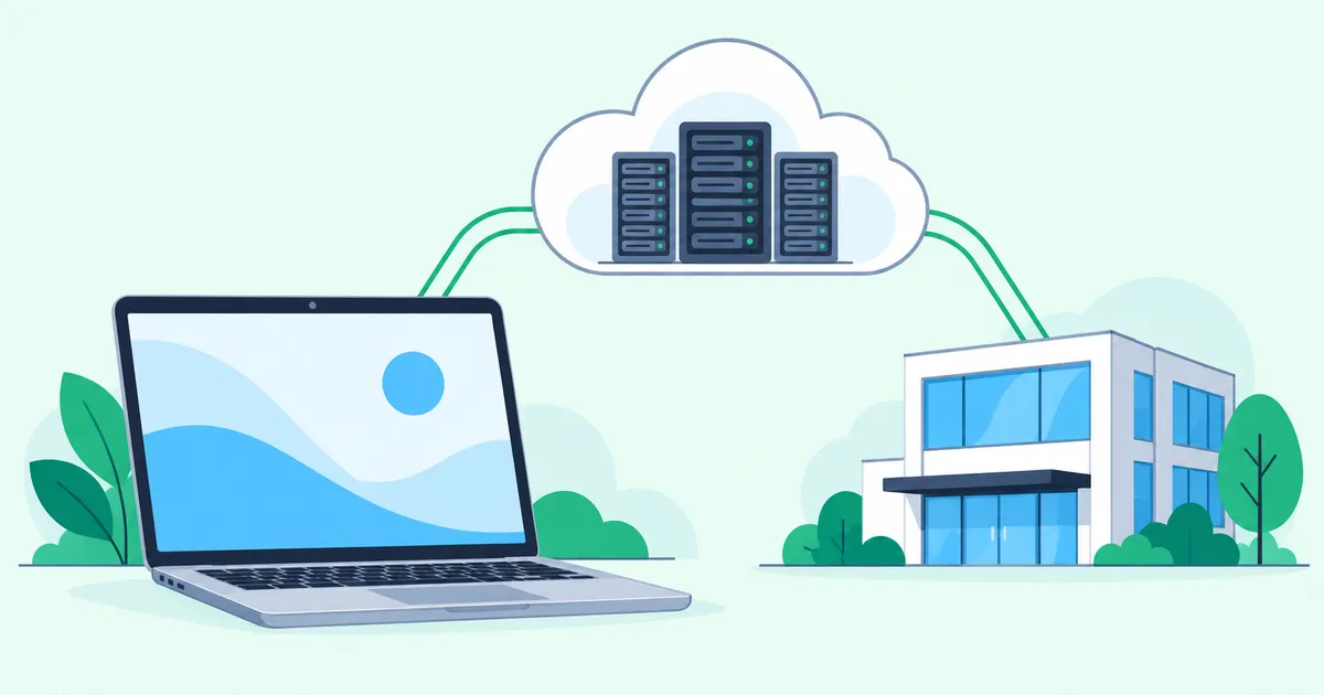 A local laptop connected to cloud servers and an office building by green network paths