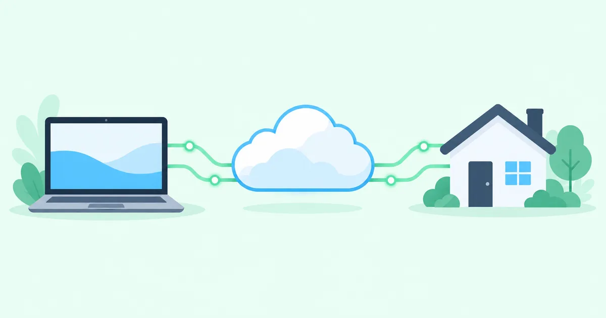 A laptop and a house connected by green network paths through a Cloud Hub