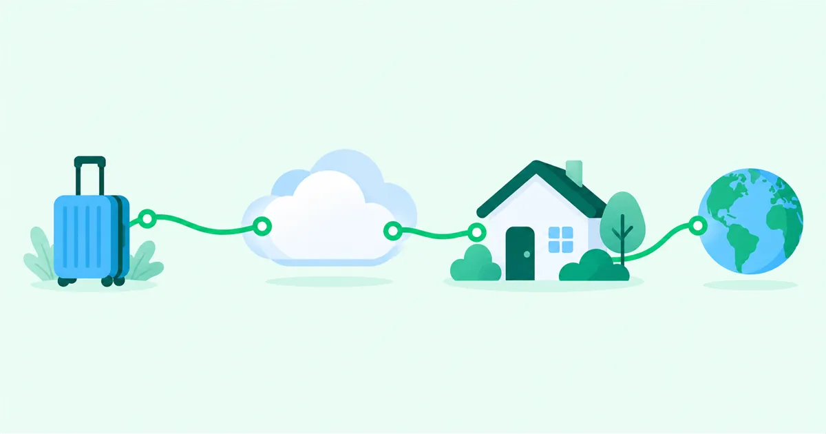 A green route connecting a travel suitcase to a home and the internet through a Cloud Hub