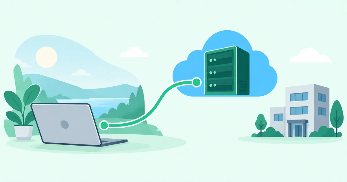 A laptop connects directly to a server in the cloud along a green path, bypassing the office