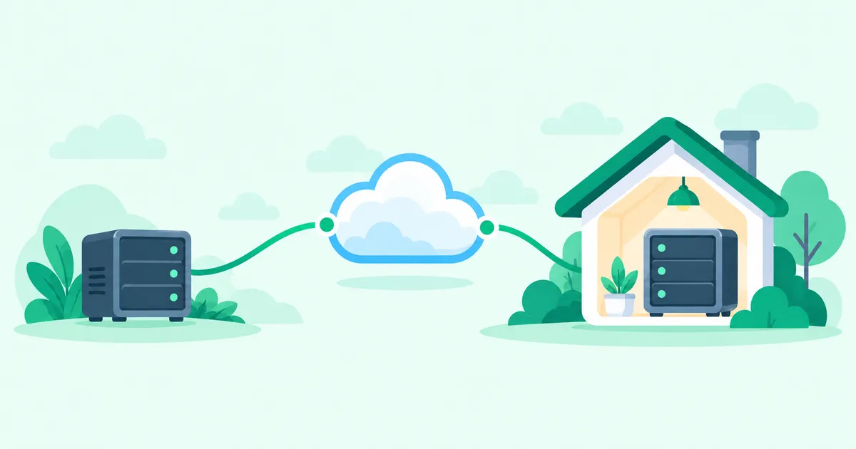A remote server connects through a relay cloud to a server inside a house.