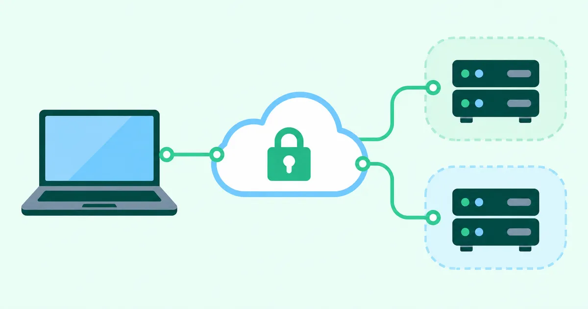 An administration laptop connects through a cloud hub to two separate server networks.