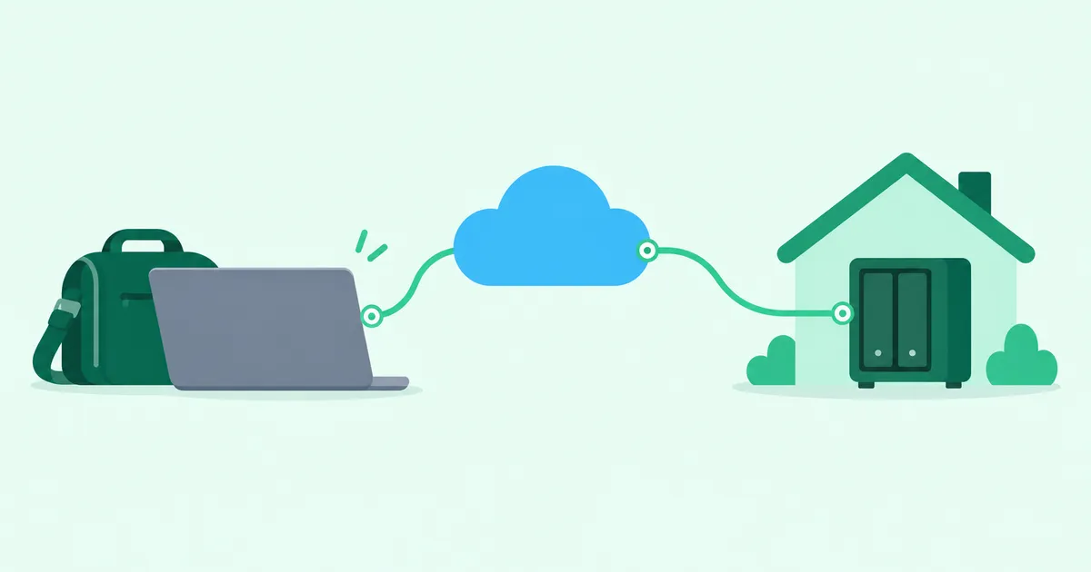A travel bag and laptop connected by a green line through a cloud to a NAS inside a house