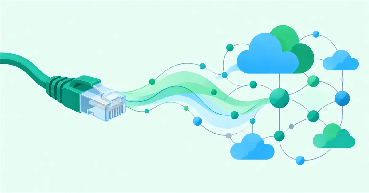 An Ethernet cable flowing into a network of connected clouds and nodes