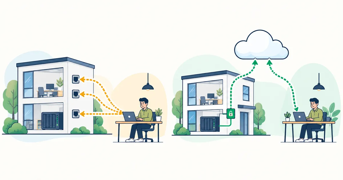 An illustration comparing exposed maintenance entry points with an office and a contractor laptop connecting outbound to a cloud relay