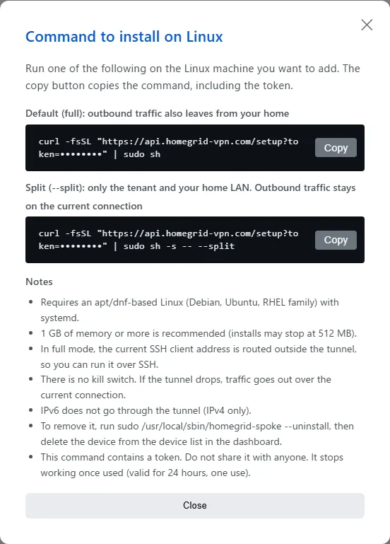 The “Command to install on Linux” window, showing the default (full) and split (--split) commands with the token masked